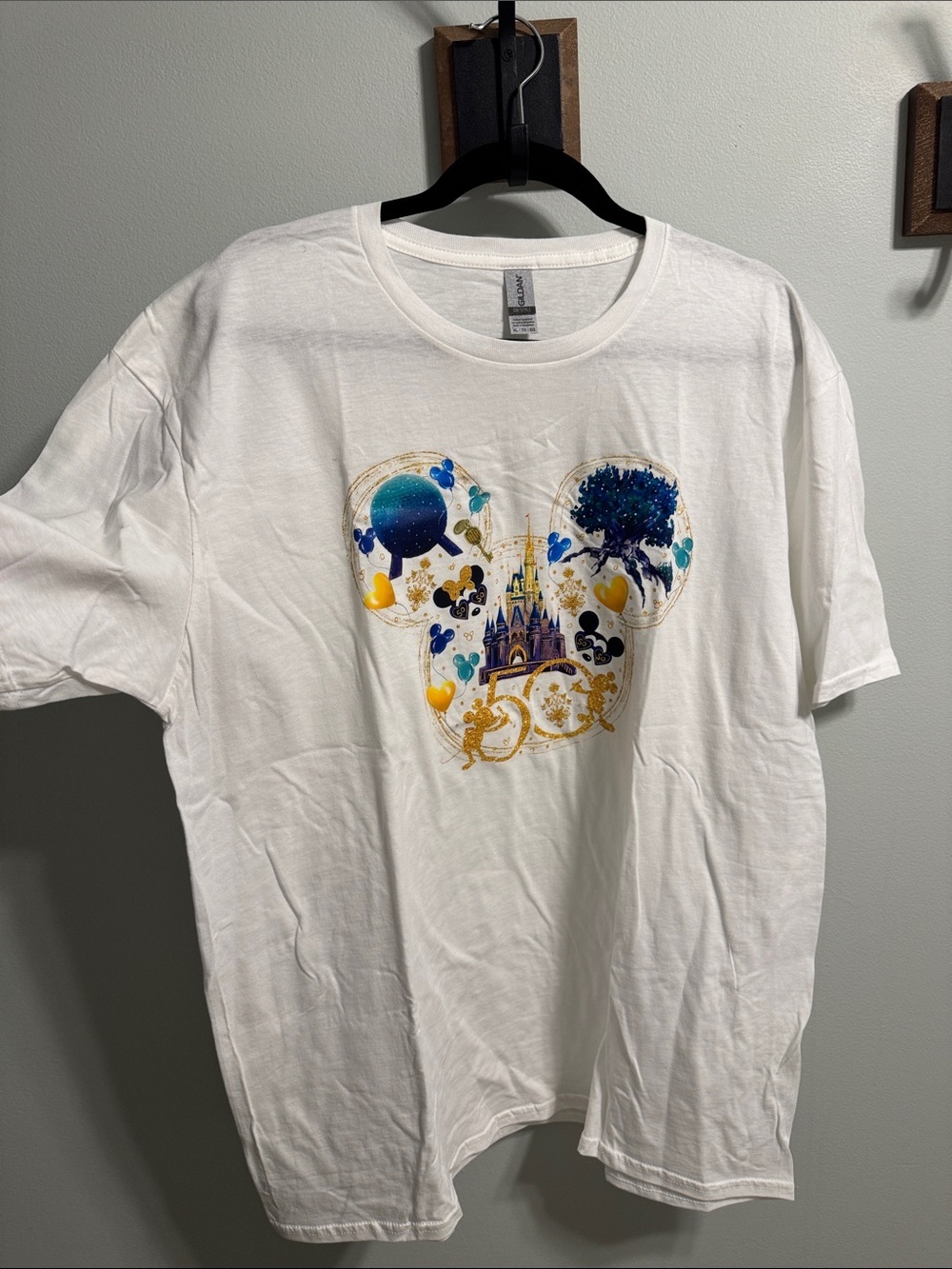 White Graphic Tee with Castle & Mickey Mouse Motif